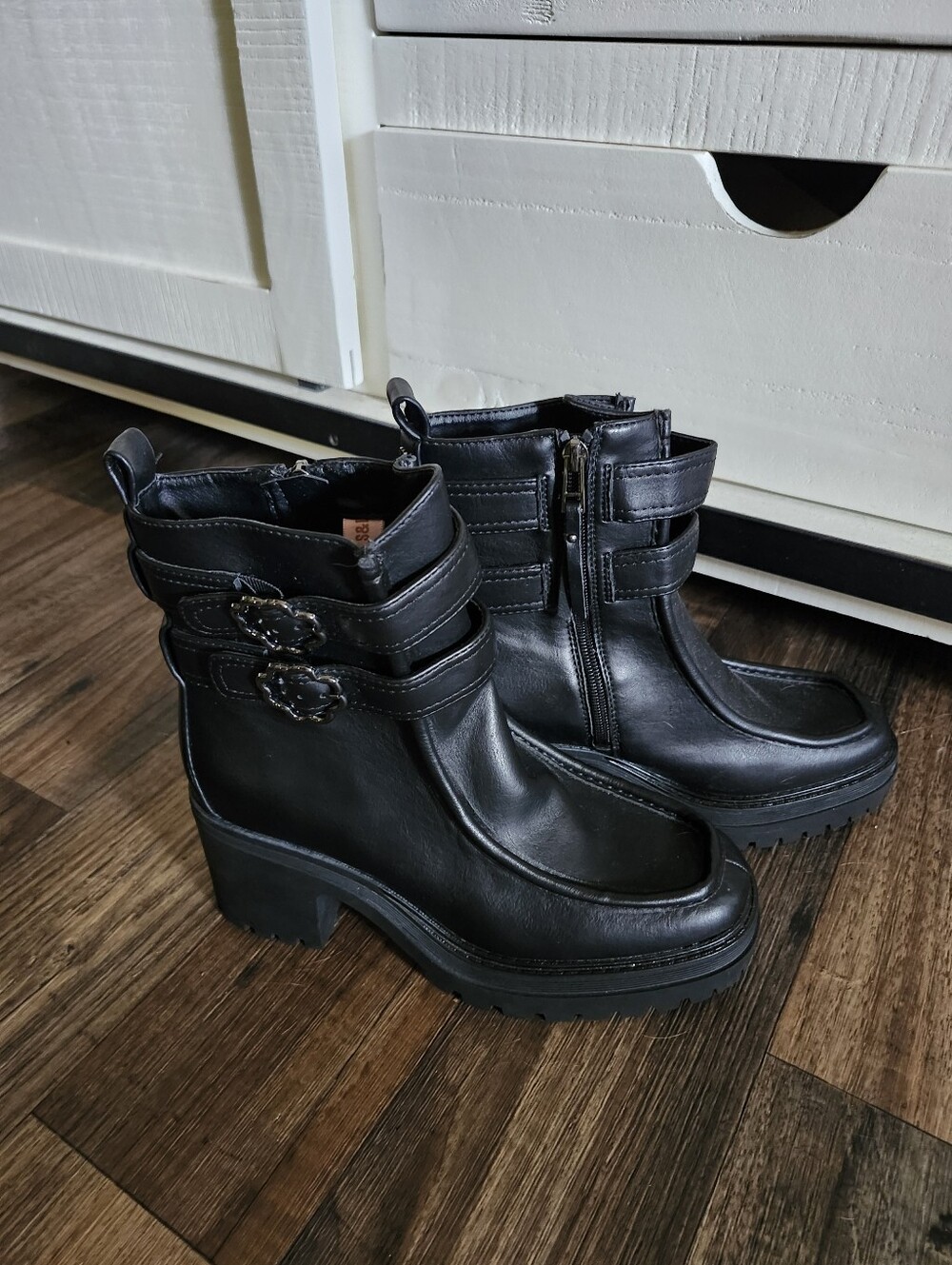 Women's Black Leather Ankle Boots with Buckle Straps